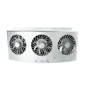 Black and white USB-powered car ventilation fan for exhaust odour removal on windowsill.
