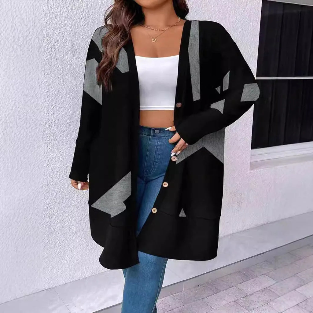 Black plus size cardigan coat with button detailing and Japanese Korean casual styling