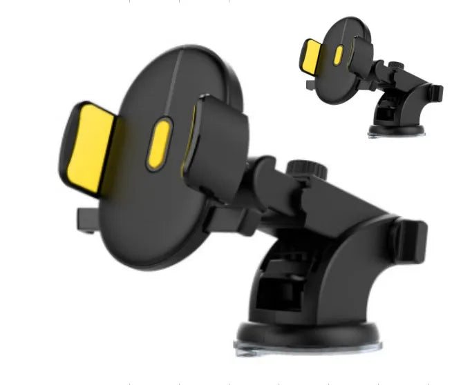 Yellow and black telescopic car phone holder with suction cup mounted on a car dashboard