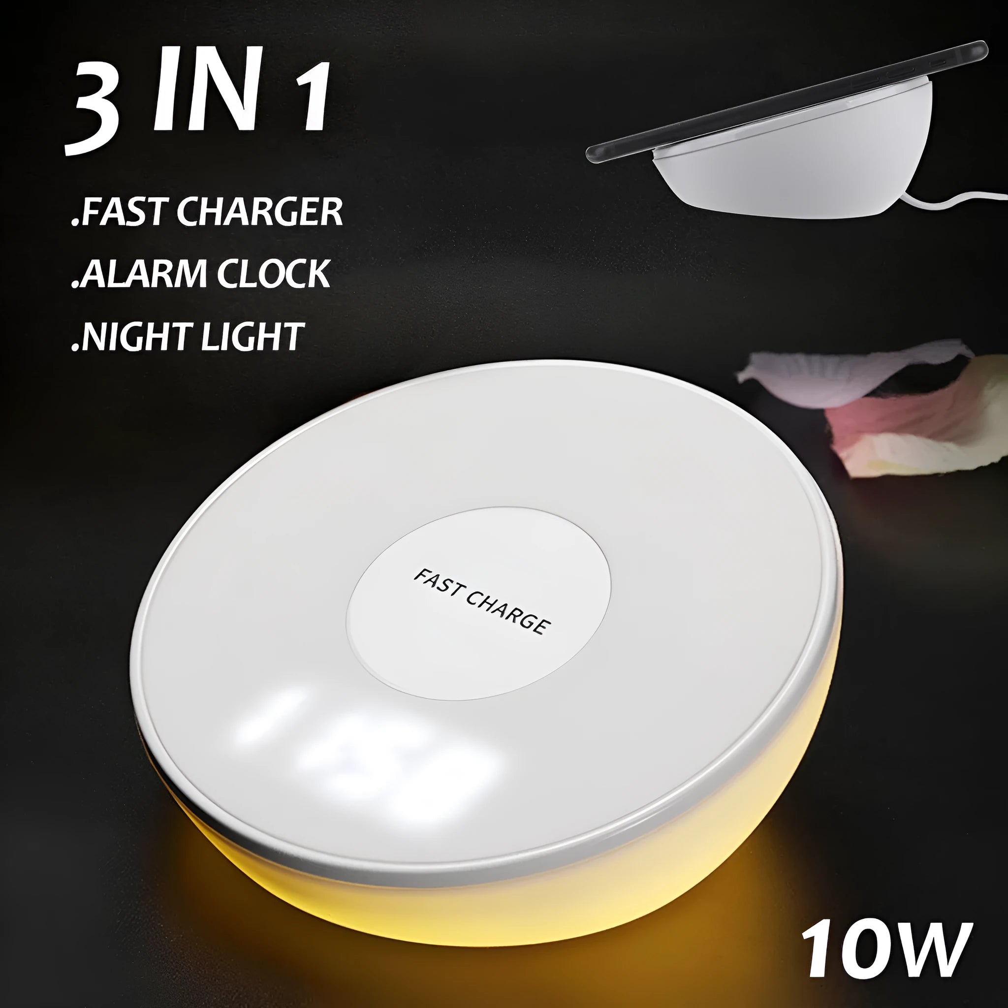 White wireless smartphone charger with digital clock display and three control buttons on the front.