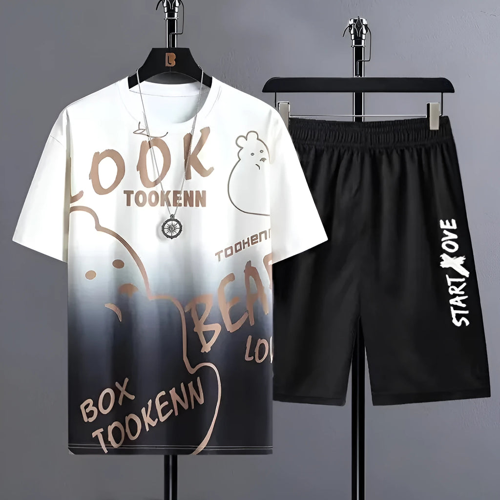 Men's thin polyester summer tracksuit set with short sleeve top and shorts in a casual colour.