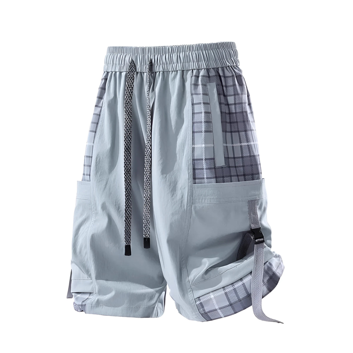 Man wearing loose-fit beige cargo shorts with visible plaid stitching detail on the legs.