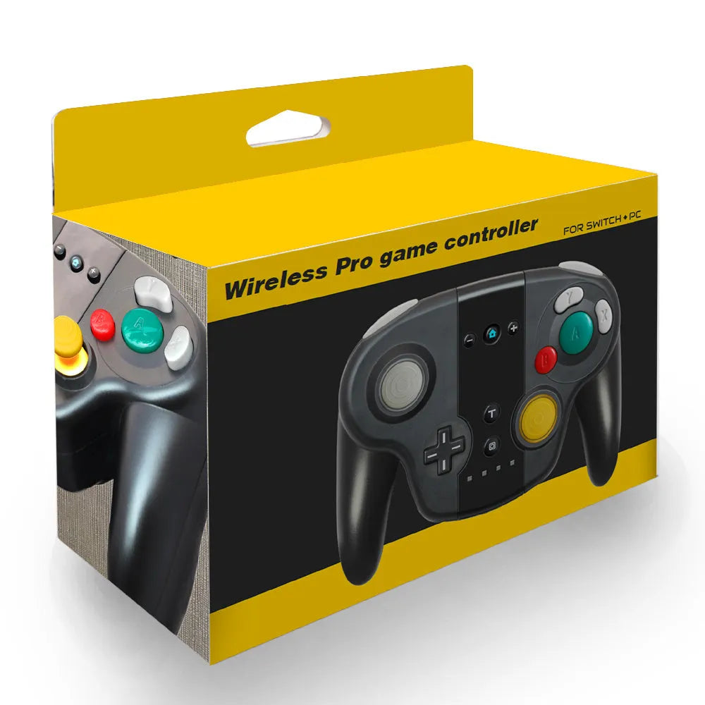 Black wireless gamepad controller with NFC for Nintendo Switch and Windows PC on a colour box.