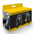 Black wireless gamepad controller with NFC for Nintendo Switch and Windows PC on a colour box.
