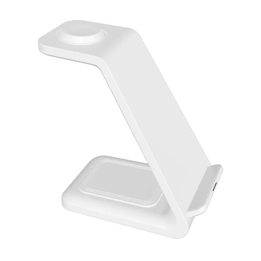 White 3-in-1 upright wireless phone charger stand with Type-C cable on desk