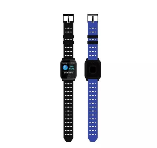 A6 smart fitness bracelet with colour screen shown on a wrist, available with black, blue, or orange silicone strap.