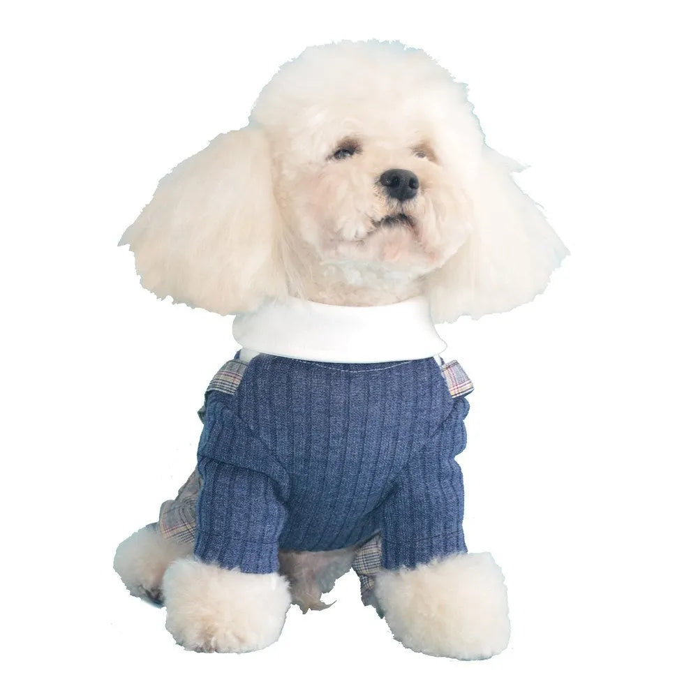Dark blue cotton dog shirt for small dogs showing size label and fabric texture