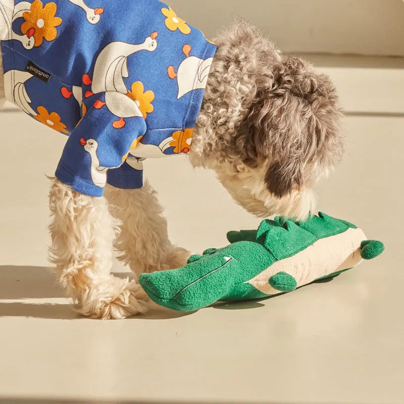 Green soft plush toy dog stuffed animal measuring 35cm long on a white background.