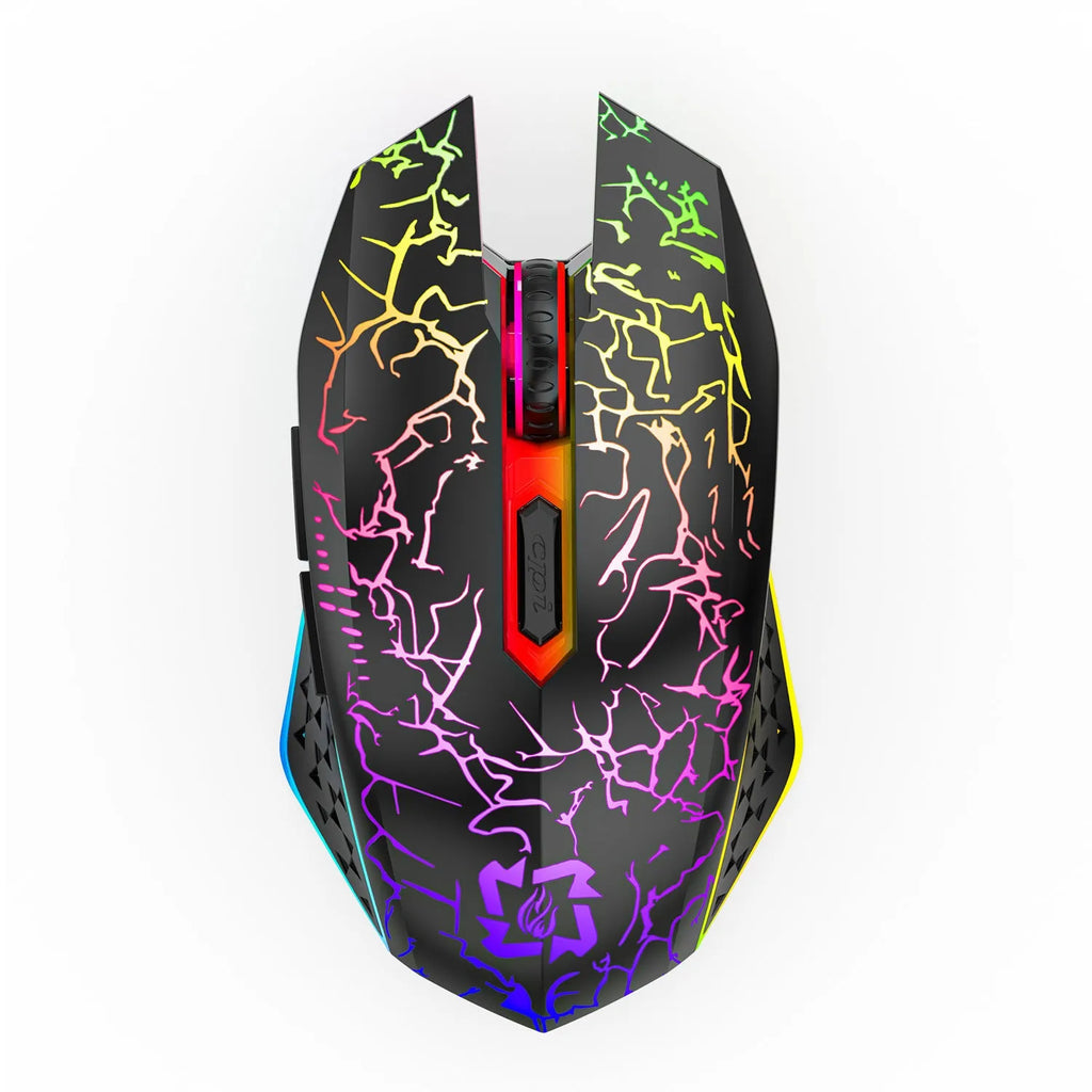 Black and white wireless gaming mouse with luminous breathing light on desktop