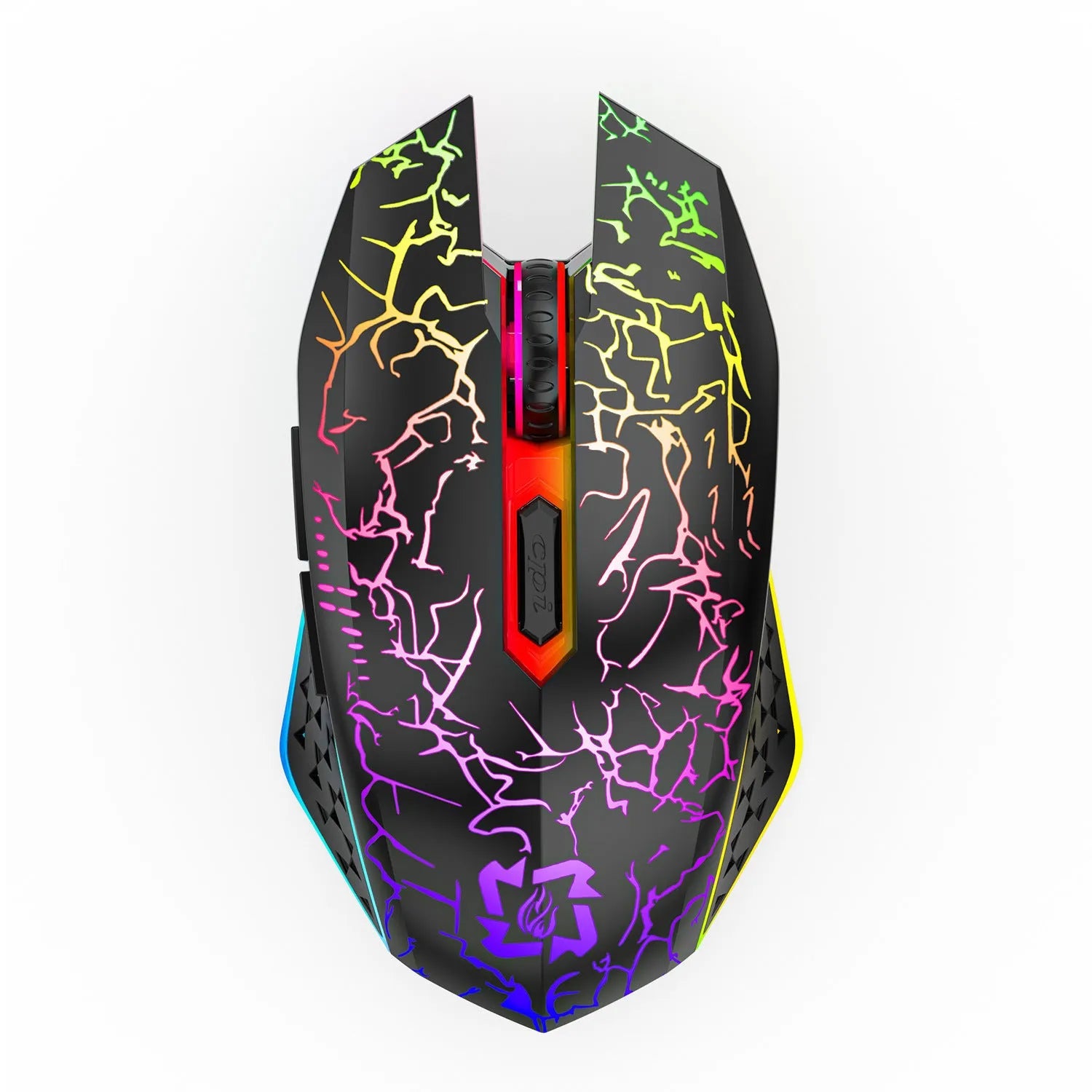 Black and white wireless gaming mouse with luminous breathing light on desktop