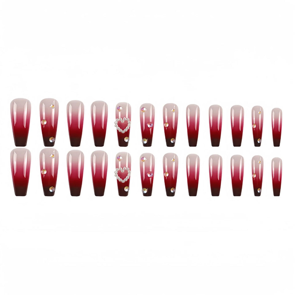 Wine red gradient fake nail tips with pearl heart and plaid pattern in ballet style