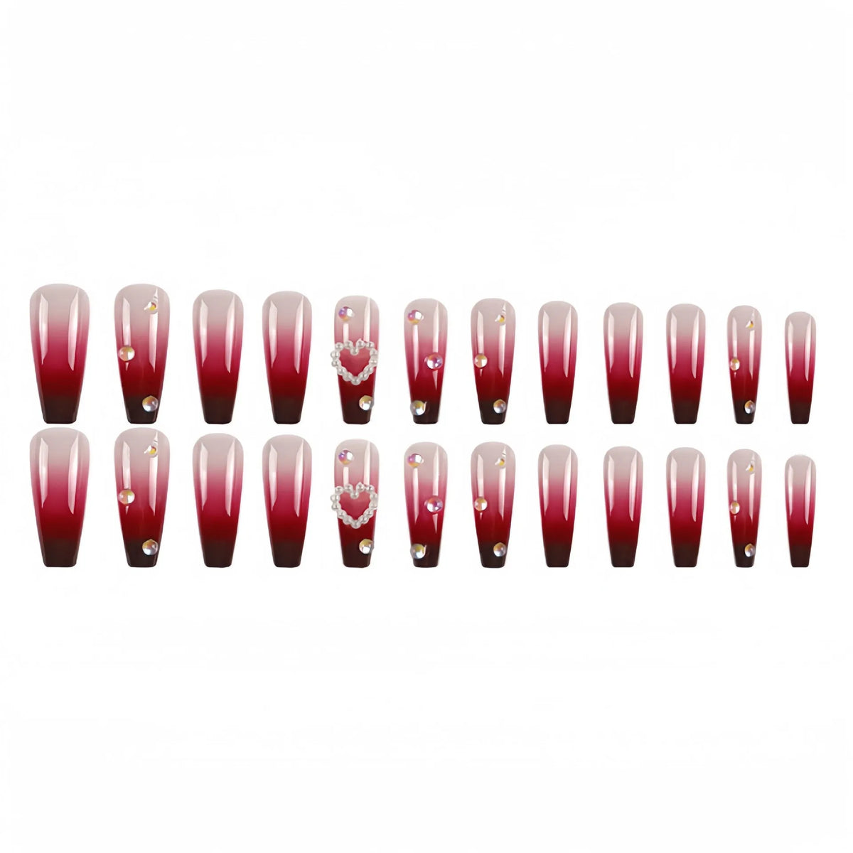 Wine red gradient fake nail tips with pearl heart and plaid pattern in ballet style