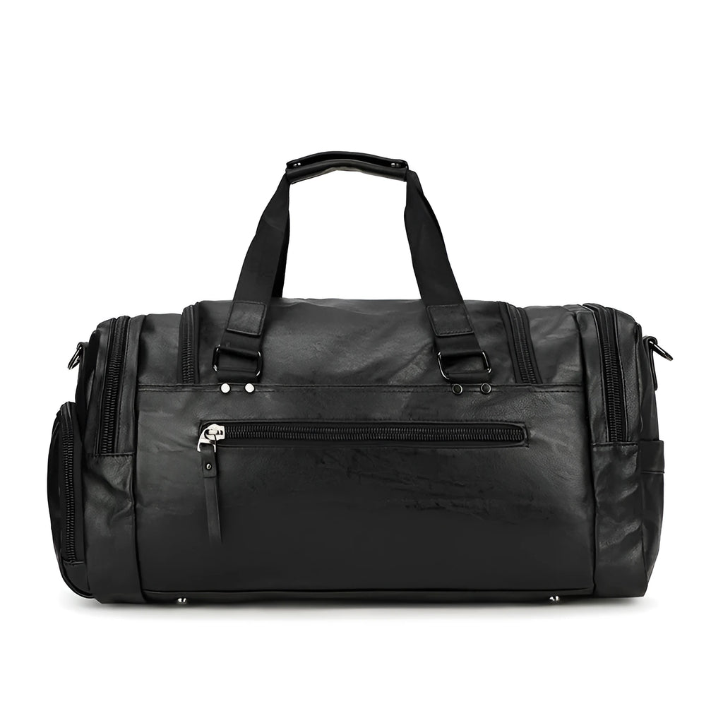 Black PU fabric travel duffle bag with a separate shoe compartment, shown with dimensions 52cm by 19cm by 27cm.