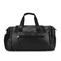 Black PU fabric travel duffle bag with a separate shoe compartment, shown with dimensions 52cm by 19cm by 27cm.