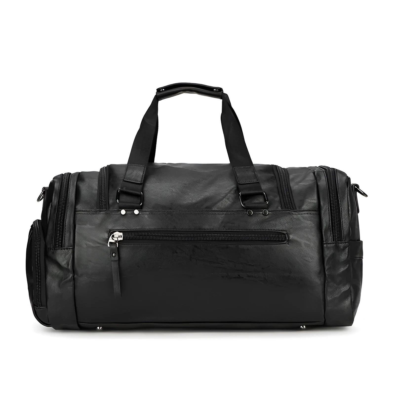 Black PU fabric travel duffle bag with a separate shoe compartment, shown with dimensions 52cm by 19cm by 27cm.