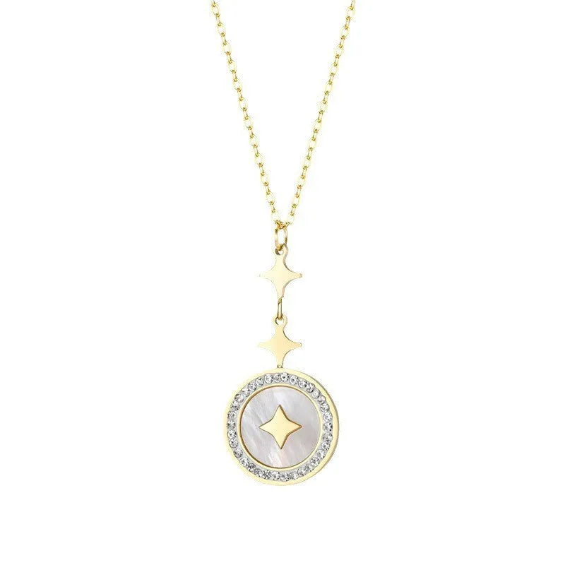 Geometric six-pointed star titanium steel necklace on a model, showing rose gold and gold colour options.