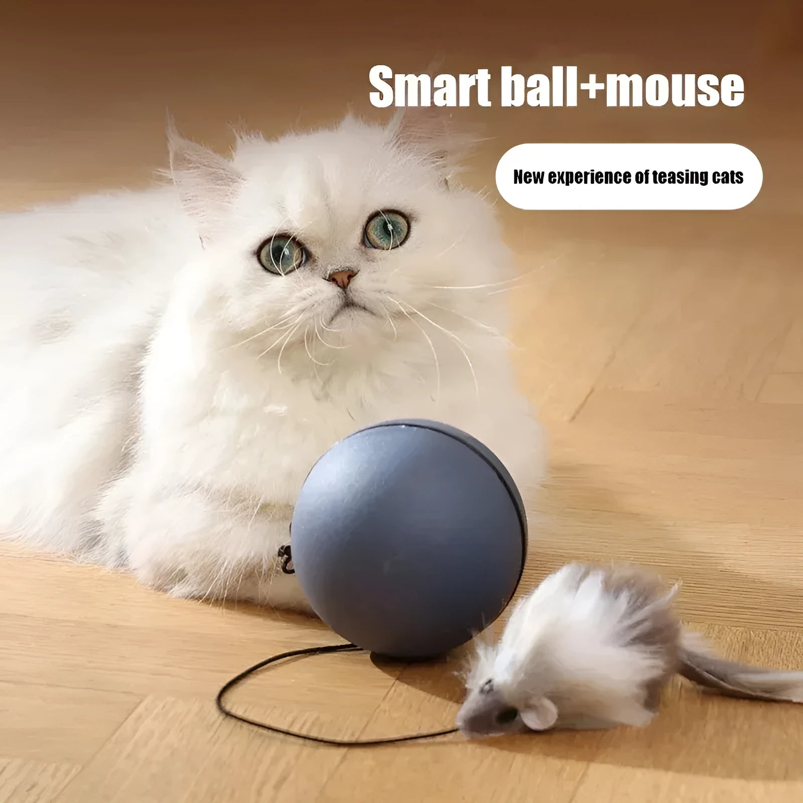 Automatic cat teaser ball toy with plush mouse attachment in blue-orange colour