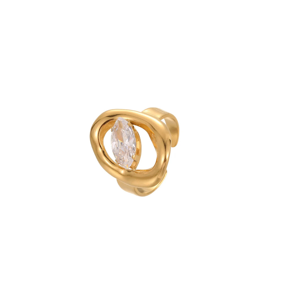 Geometric stainless steel zircon ring with open mouth adjustable design on a hand.