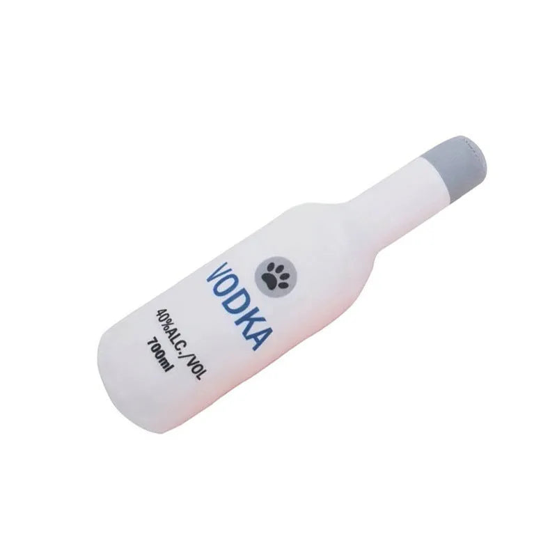 Plush wine bottle shaped pet toy for dogs and cats in assorted colours.