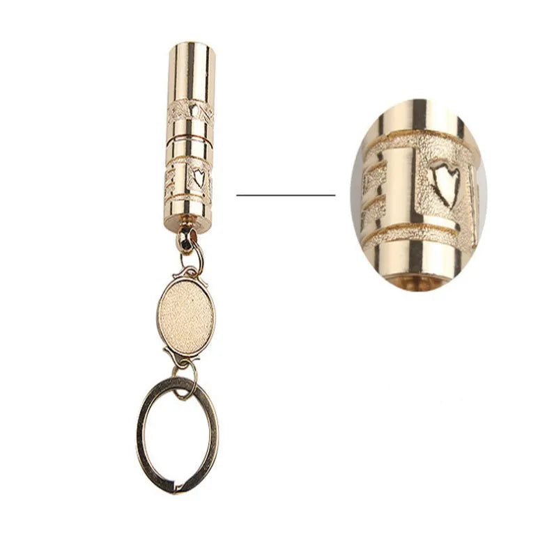 Gold-coloured zinc alloy keychain torch with LED light on a keyring.