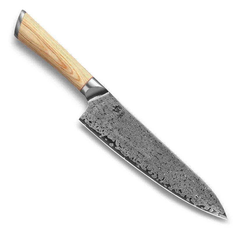 Damascus 12-piece kitchen knife set showing layered steel pattern on various blade sizes from 3.5-inch to 9-inch