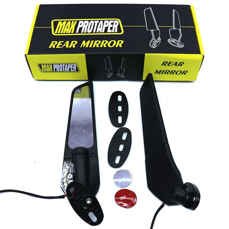 Pair of yellow-light aluminium motorcycle rearview mirrors with convex glass lenses.