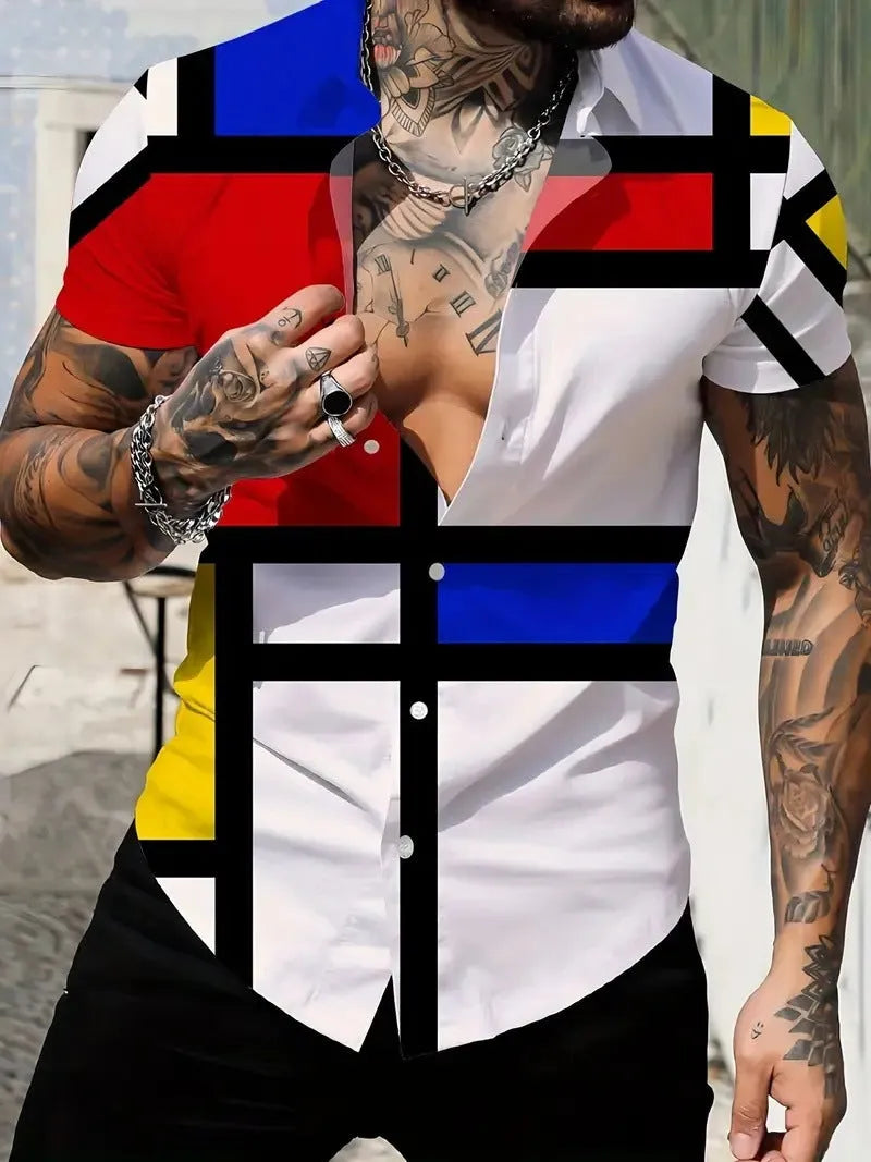 Men's slim fit geometric print short sleeve shirt with a lapel collar on a hanger.