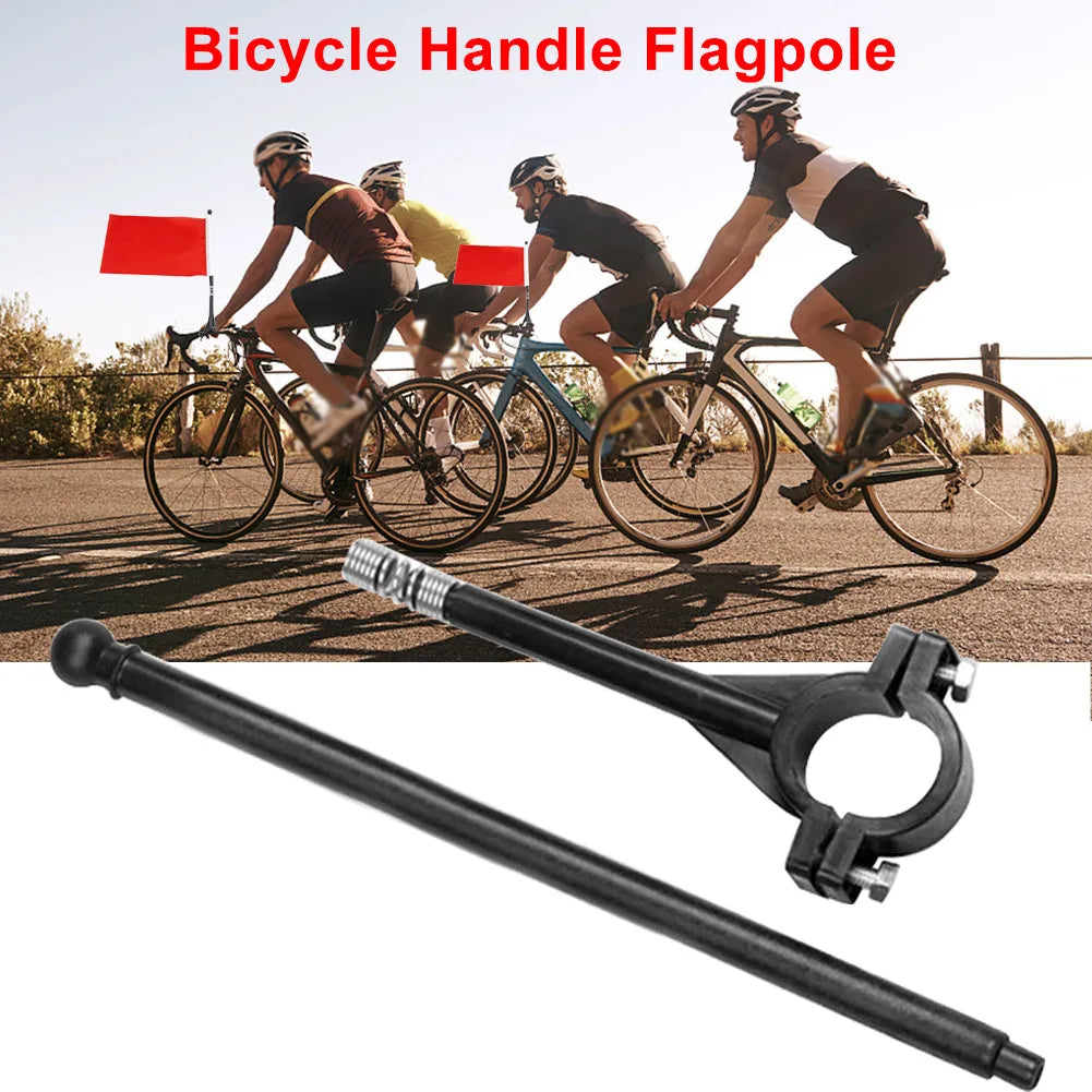 Square polyester cycling flag on a plastic pole mounted on bicycle handlebars.