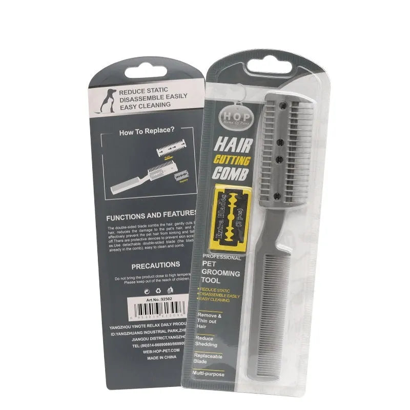 Plastic dog grooming cleaning comb with removable blade in blister packaging