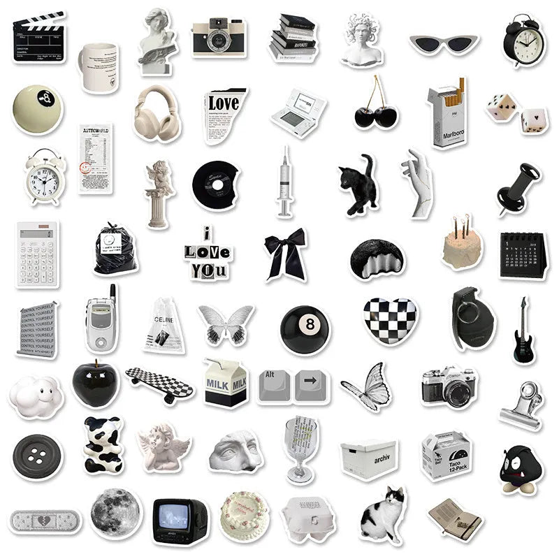 Black and white PVC waterproof sticker set with 61 painting designs for laptops and phones