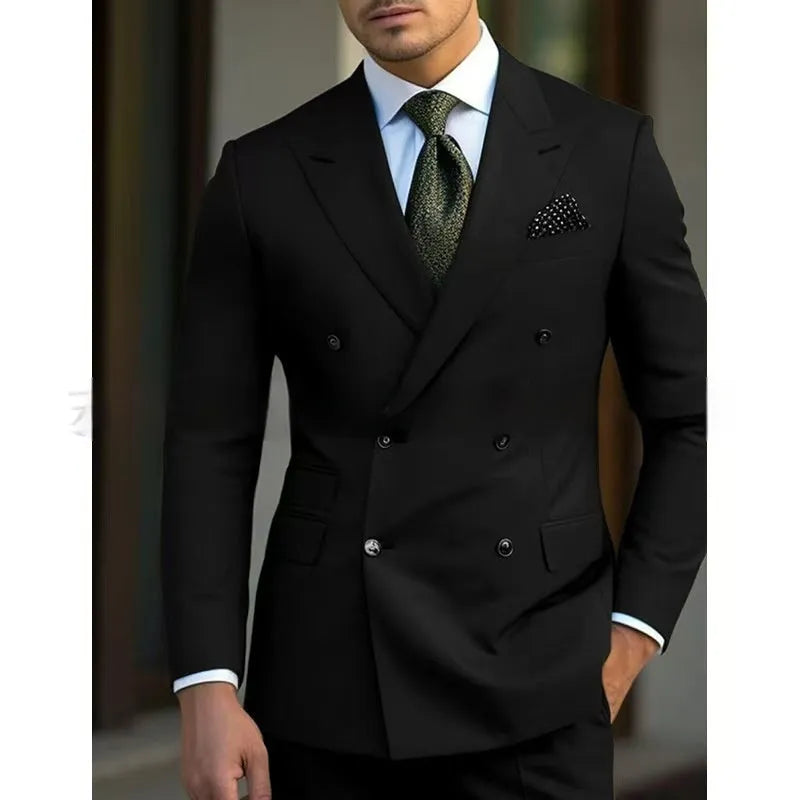 Men's brown two-piece cotton blend suit set with coat and trousers on a hanger.