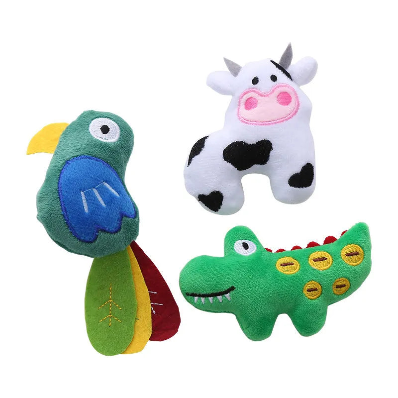 Cow shaped plush cat toy on a string handle with dangling feather, catnip inside.