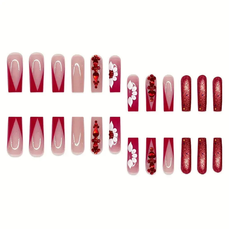 Sweet flowers and red diamond pattern on long European square removable false nails with glue and file.