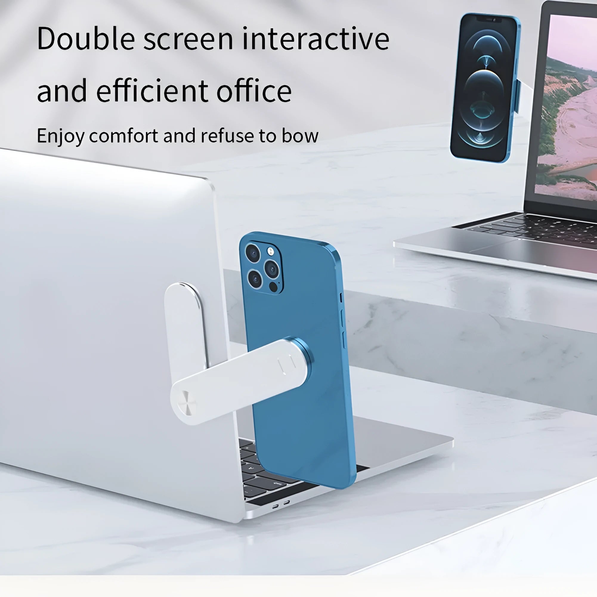 Black aluminium laptop phone holder mounted on computer monitor with smartphone attached