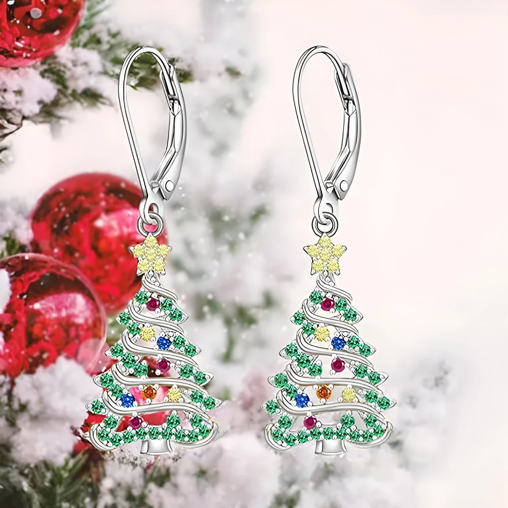 Women's Christmas tree earrings with star pendant in white gold colour