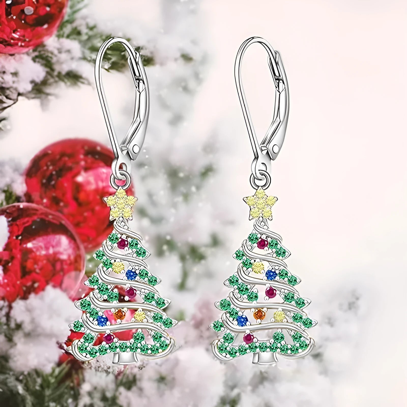 Women's Christmas tree earrings with star pendant in white gold colour
