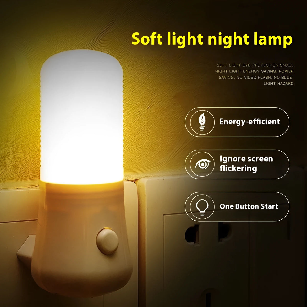 Compact square white minimalist plug-in bedside night light on a surface.