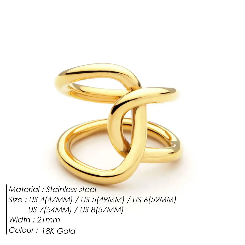 Adjustable knotted women's ring in stainless steel with geometric U-shape, shown in gold and steel colours.