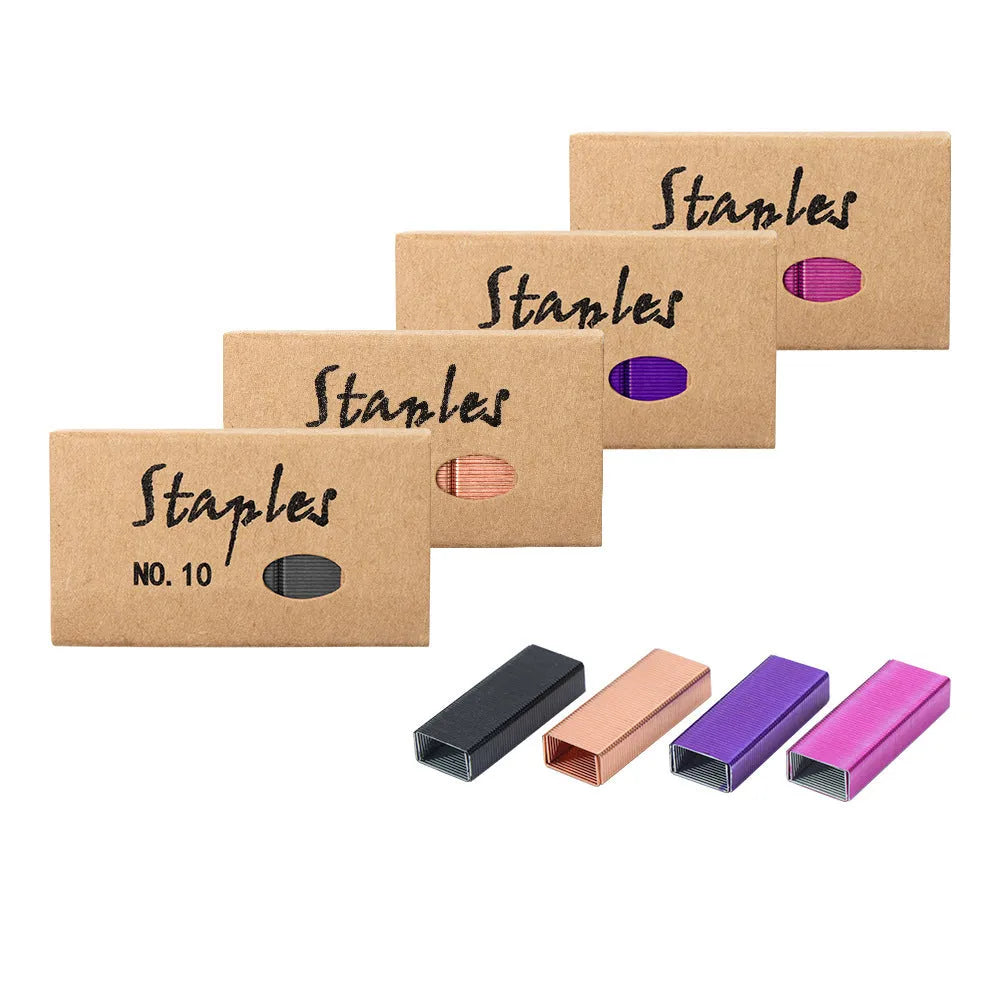 Box of 1000 metal office staples in rose gold, black, purple, and rose red colours.