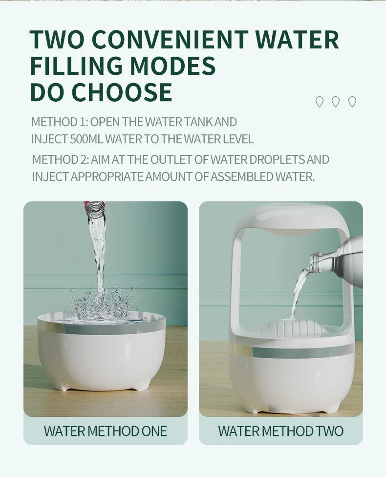 Black and white anti-gravity humidifier with floating water drops and large 500ml water tank.