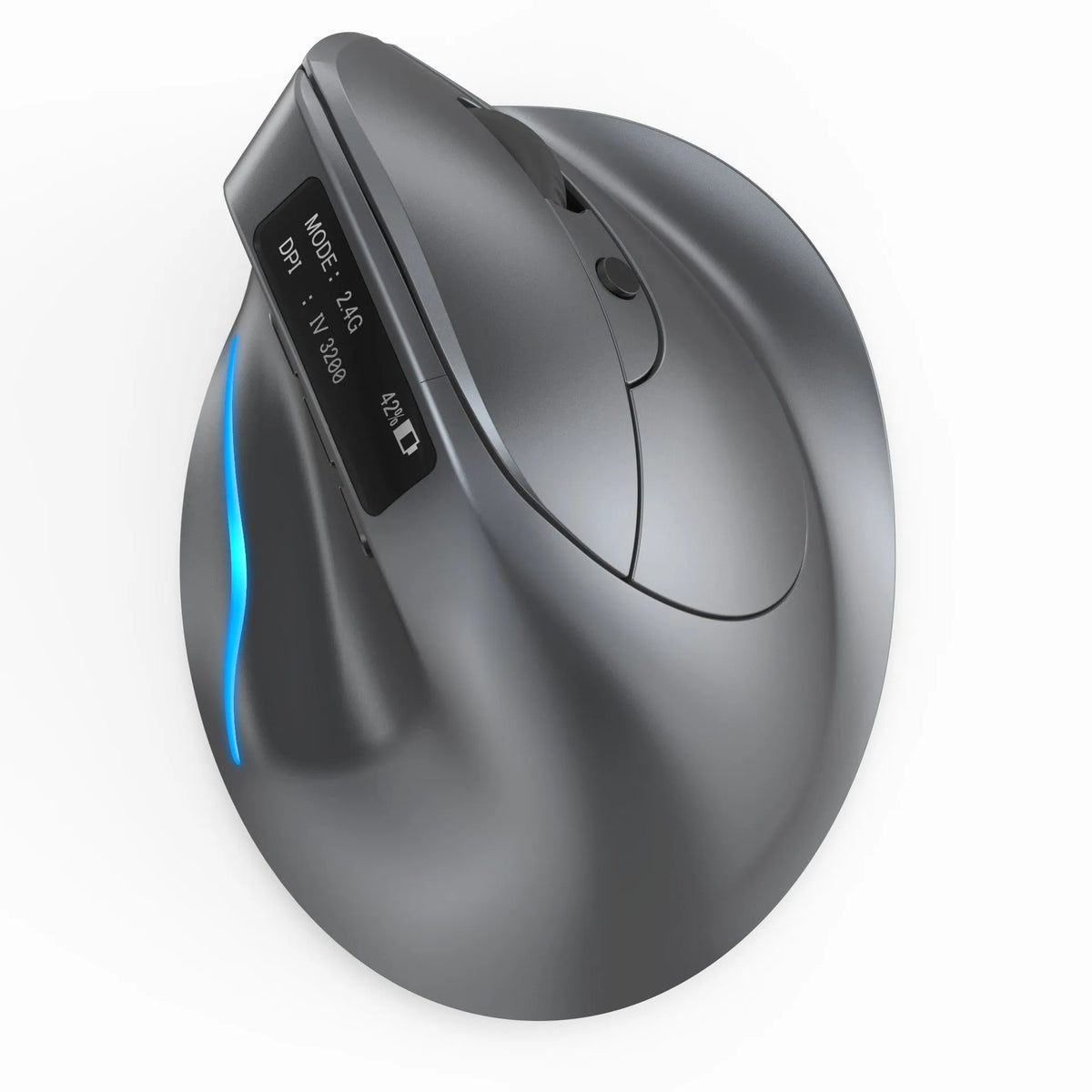 Gray Bluetooth vertical mouse with ergonomic grip and self-charging feature