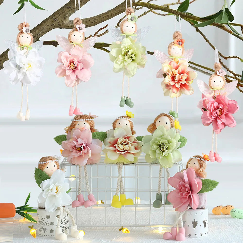 Cute cloth elf flower angel pendant for Easter decoration in dark pink, pink, green, and yellow colours.