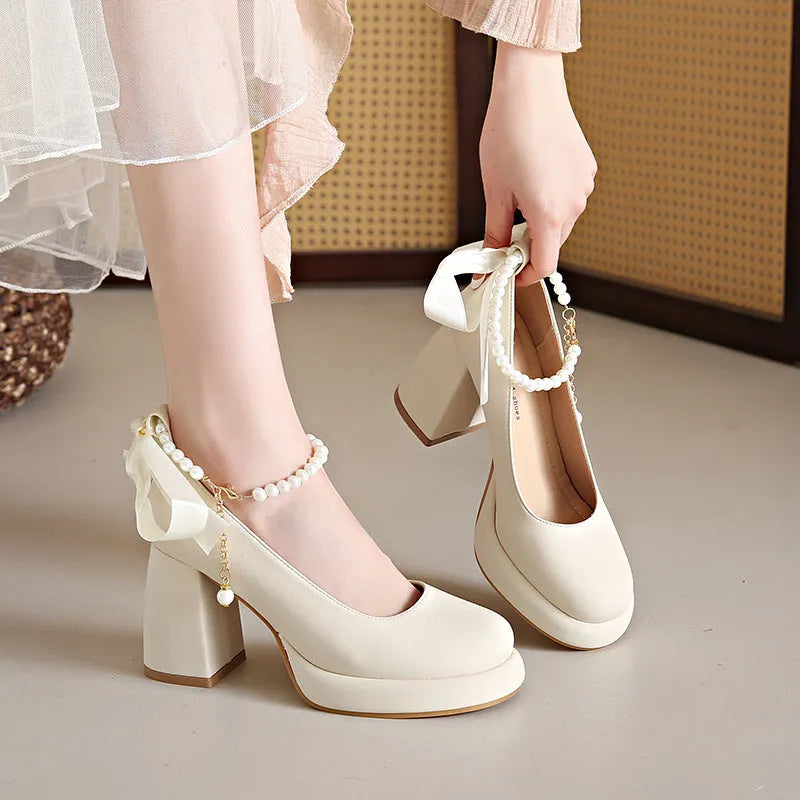 Women's Mary Jane shoes with chunky heel and ankle-strap buckle in beige, black, or milk tea colour