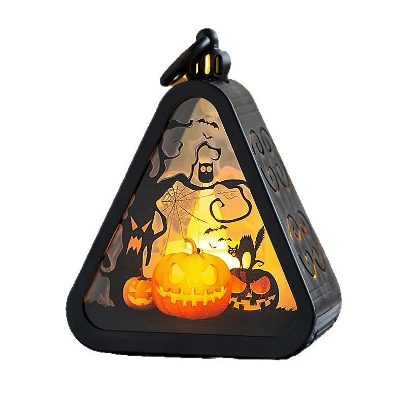 Portable plastic Halloween pumpkin lamp decoration in pumpkin, witch, castle, or ghost hand colour.