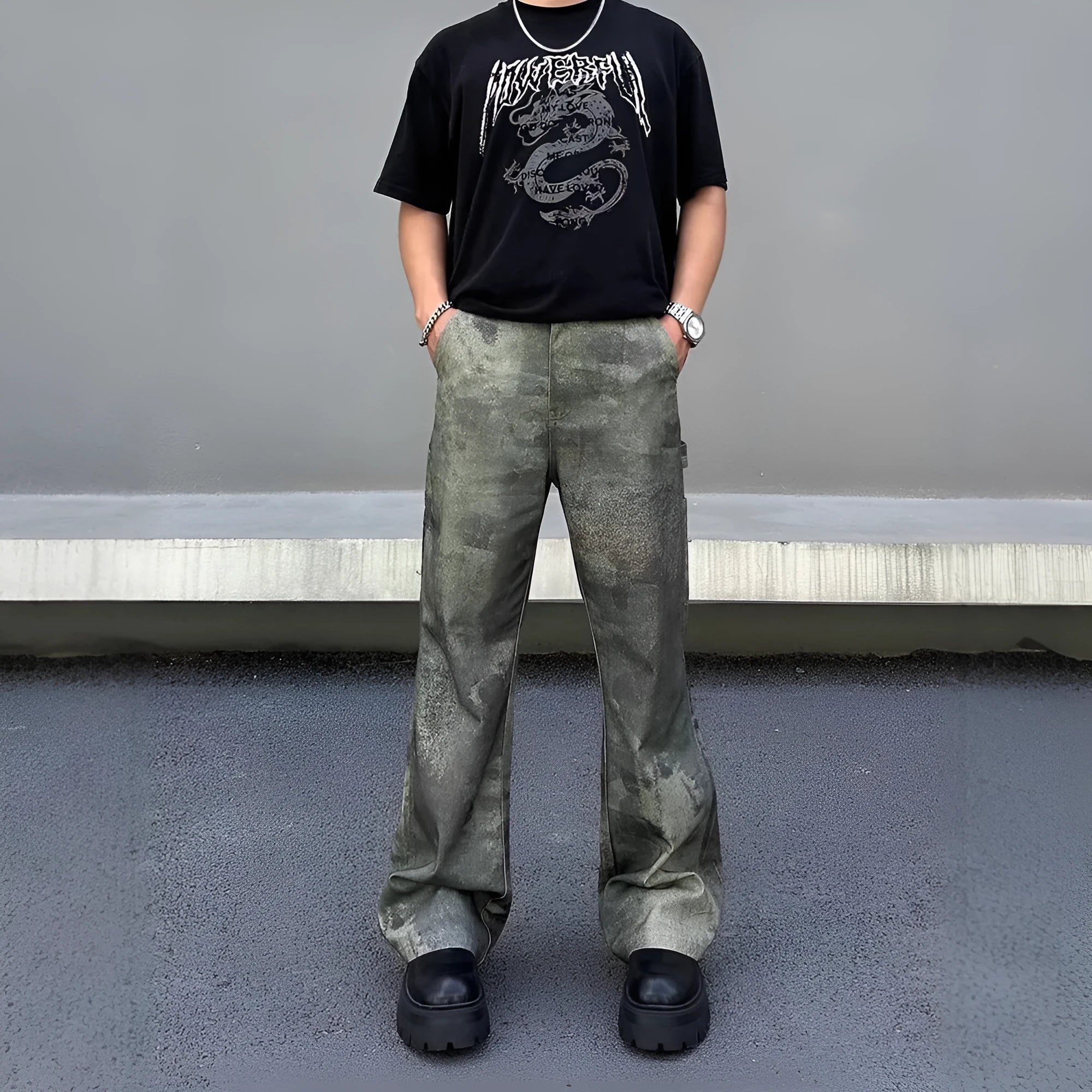 Men's straight-leg jeans with a retro digital camouflage pattern on blue denim.