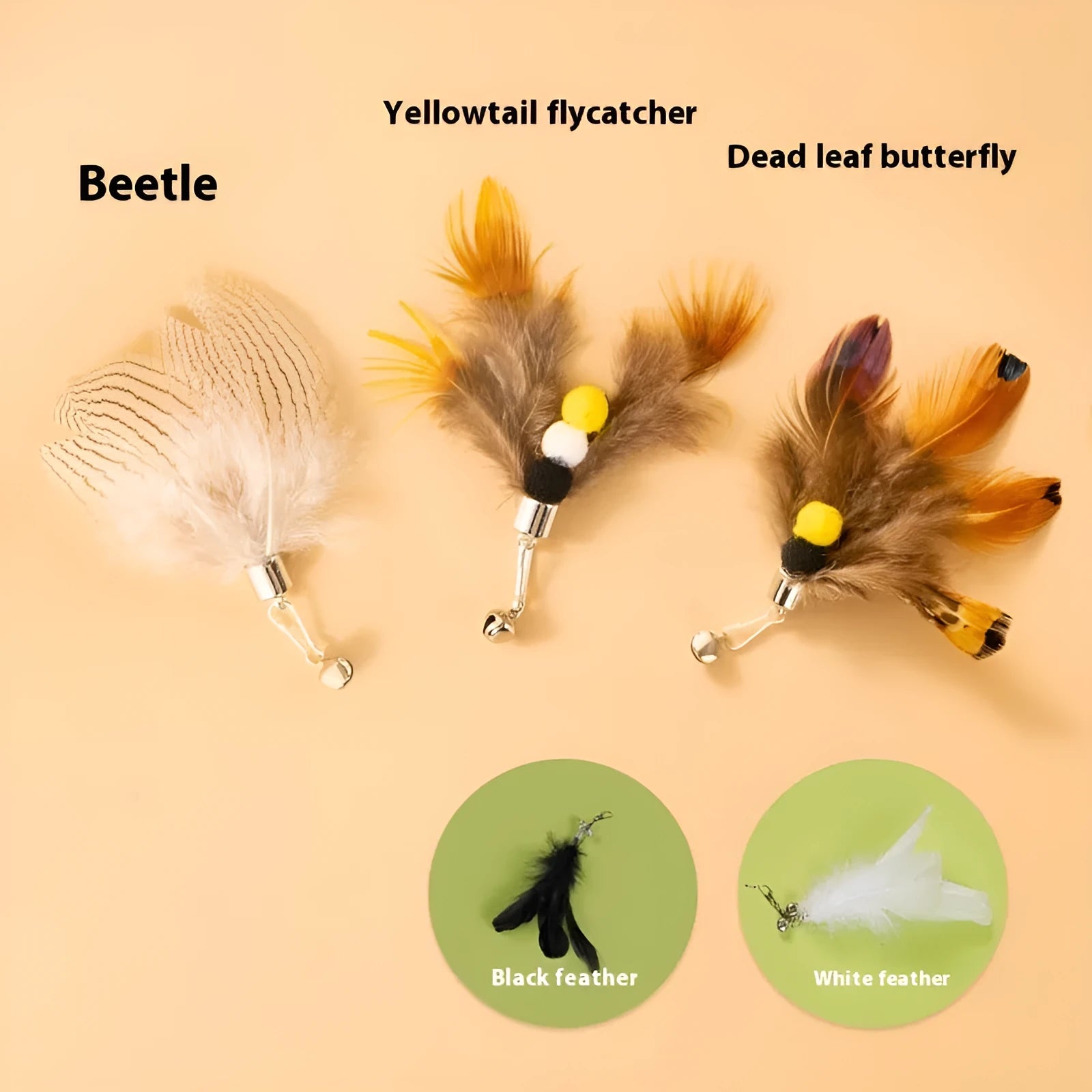 Three cat toy replacement heads with small flying insects design and steel wire construction