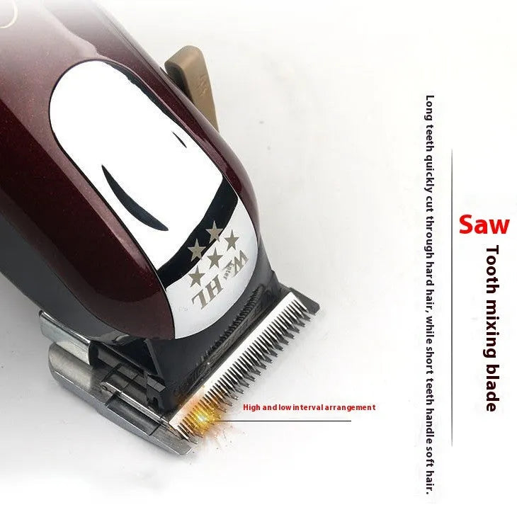 Charging cordless hair clippers with stainless steel cutter head on a stand, with UK, US and EU plug options.