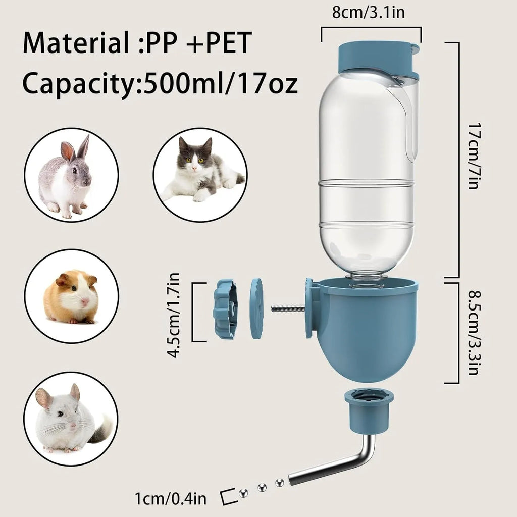 Blue small animal water bottle with rotatable nozzle mounted on cage bars