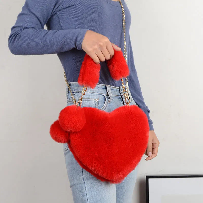 Plush heart-shaped women's handbag with removable shoulder strap in multiple colour options