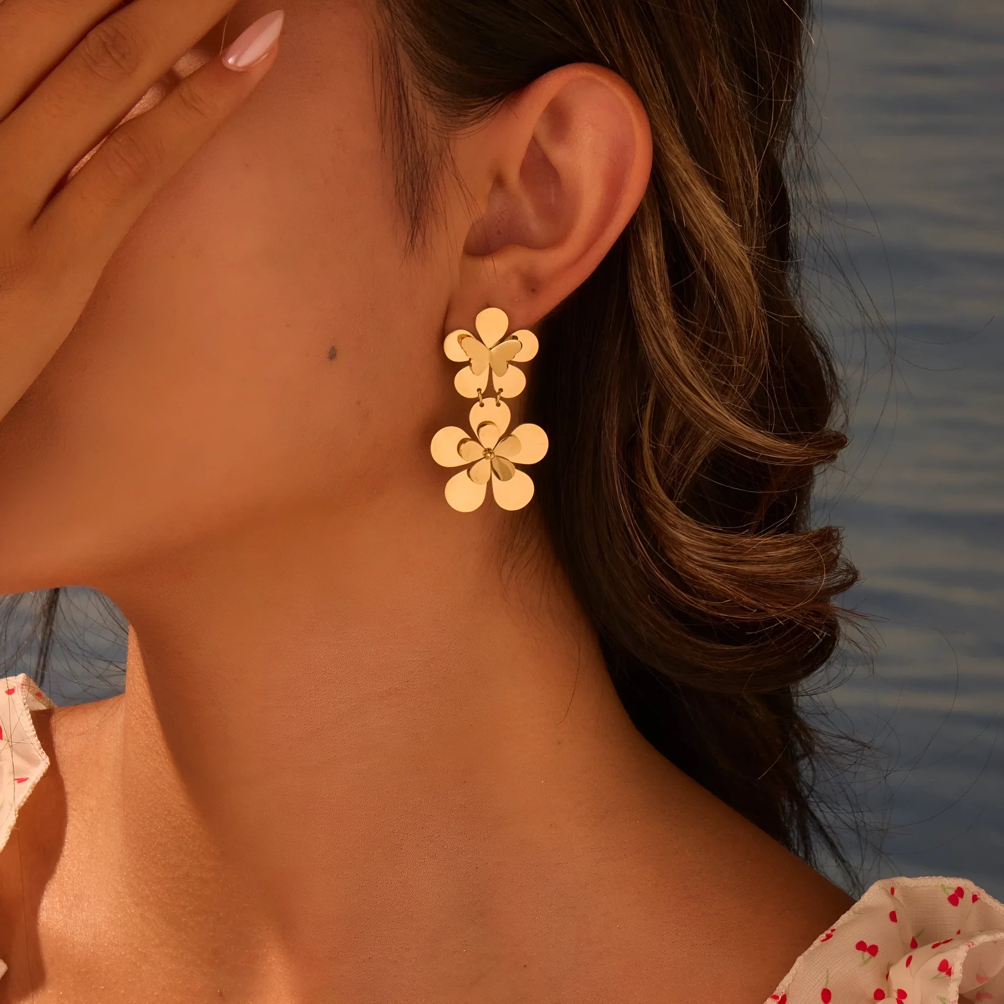 Gold floral butterfly stainless steel earrings with 18K electroplated finish for women